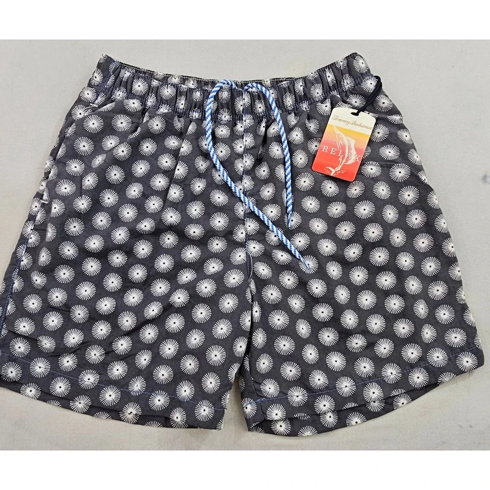 Tommy Bahama Relax trunks swimwear mens S Small pockets black white circles